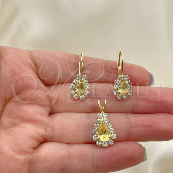 Oro Laminado Earring and Pendant Adult Set, Gold Filled Style with White Cubic Zirconia, Polished, Golden Finish, 5.056.014