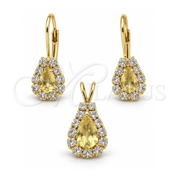 Oro Laminado Earring and Pendant Adult Set, Gold Filled Style with White Cubic Zirconia, Polished, Golden Finish, 5.056.014