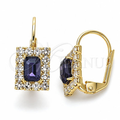 Oro Laminado Leverback Earring, Gold Filled Style with Amethyst and White Crystal, Polished, Golden Finish, 5.125.022
