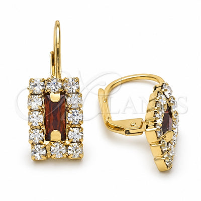 Oro Laminado Leverback Earring, Gold Filled Style with White and Garnet Cubic Zirconia, Polished, Golden Finish, 5.125.023