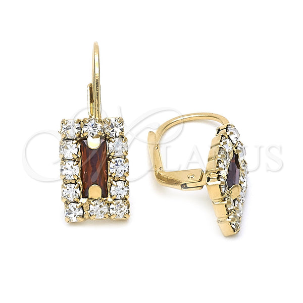 Oro Laminado Leverback Earring, Gold Filled Style with White and Garnet Cubic Zirconia, Polished, Golden Finish, 5.125.023