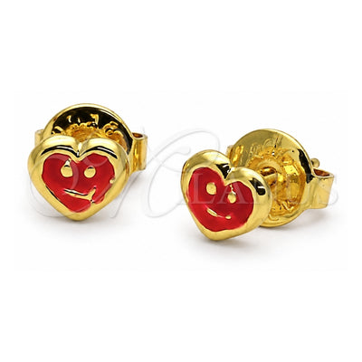 Oro Laminado Stud Earring, Gold Filled Style Heart and Smile Design, Red Enamel Finish, Golden Finish, 5.126.094 *PROMO*