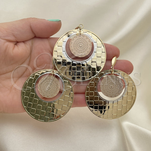 Oro Laminado Earring and Pendant Adult Set, Gold Filled Style Polished, Tricolor, 5.047.001