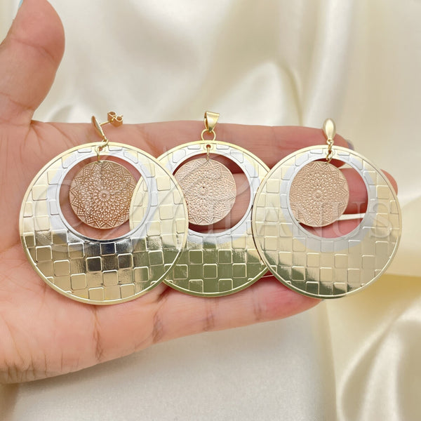Oro Laminado Earring and Pendant Adult Set, Gold Filled Style Polished, Tricolor, 5.047.001