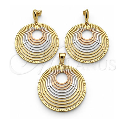 Oro Laminado Earring and Pendant Adult Set, Gold Filled Style Polished, Tricolor, 5.062.003