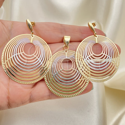 Oro Laminado Earring and Pendant Adult Set, Gold Filled Style Polished, Tricolor, 5.062.003