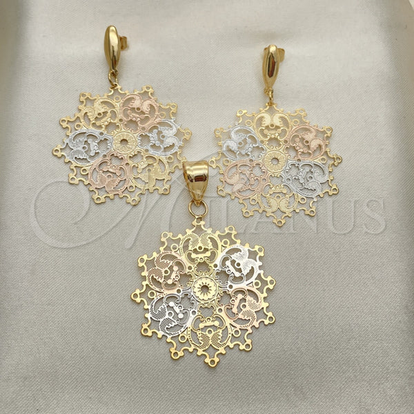 Oro Laminado Earring and Pendant Adult Set, Gold Filled Style Flower Design, Polished, Tricolor, 5.050.002