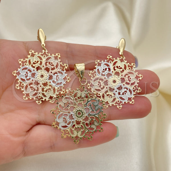 Oro Laminado Earring and Pendant Adult Set, Gold Filled Style Flower Design, Polished, Tricolor, 5.050.002