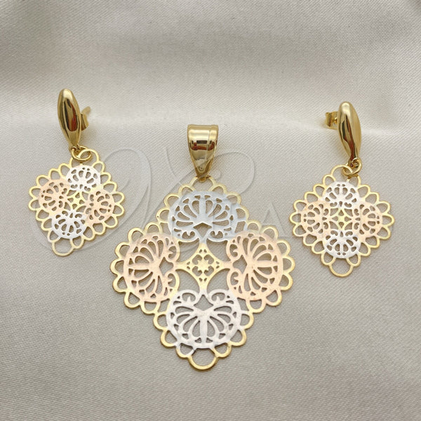 Oro Laminado Earring and Pendant Adult Set, Gold Filled Style Polished, Tricolor, 5.048.004