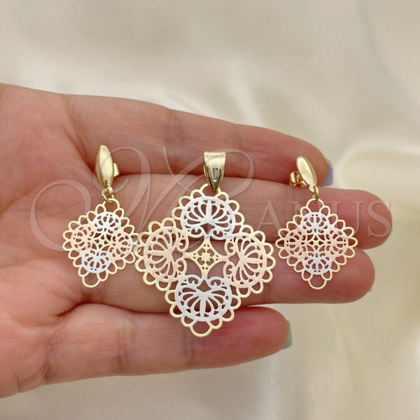 Oro Laminado Earring and Pendant Adult Set, Gold Filled Style Polished, Tricolor, 5.048.004
