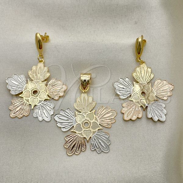 Oro Laminado Earring and Pendant Adult Set, Gold Filled Style Flower Design, Polished, Tricolor, 5.048.007