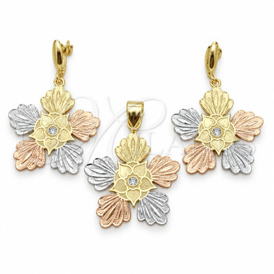 Oro Laminado Earring and Pendant Adult Set, Gold Filled Style Flower Design, Polished, Tricolor, 5.048.007 for wholesale, main product view