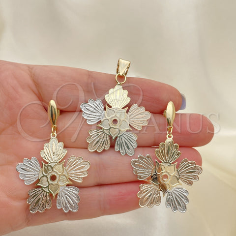 Oro Laminado Earring and Pendant Adult Set, Gold Filled Style Flower Design, Polished, Tricolor, 5.048.007