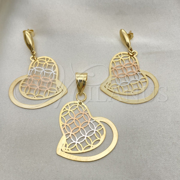 Oro Laminado Earring and Pendant Adult Set, Gold Filled Style Heart Design, Polished, Tricolor, 5.042.006