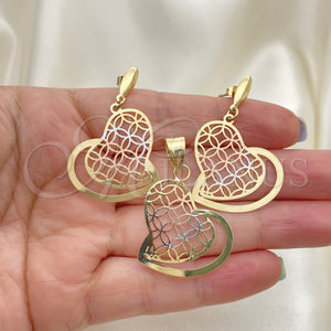Oro Laminado Earring and Pendant Adult Set, Gold Filled Style Heart Design, Polished, Tricolor, 5.042.006