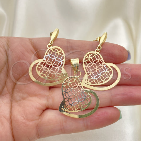 Oro Laminado Earring and Pendant Adult Set, Gold Filled Style Heart Design, Polished, Tricolor, 5.042.006