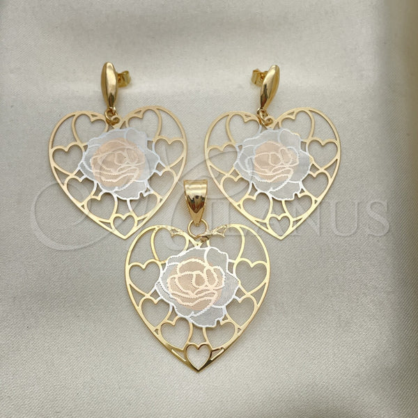 Oro Laminado Earring and Pendant Adult Set, Gold Filled Style Heart Design, Polished, Tricolor, 5.042.005