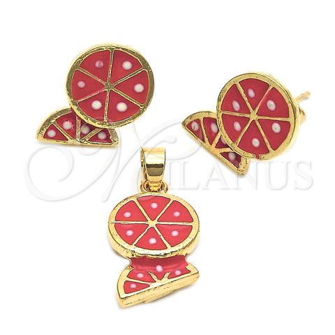 Oro Laminado Earring and Pendant Children Set, Gold Filled Style Watermelon Design, Enamel Finish, Golden Finish, 10.38.0060