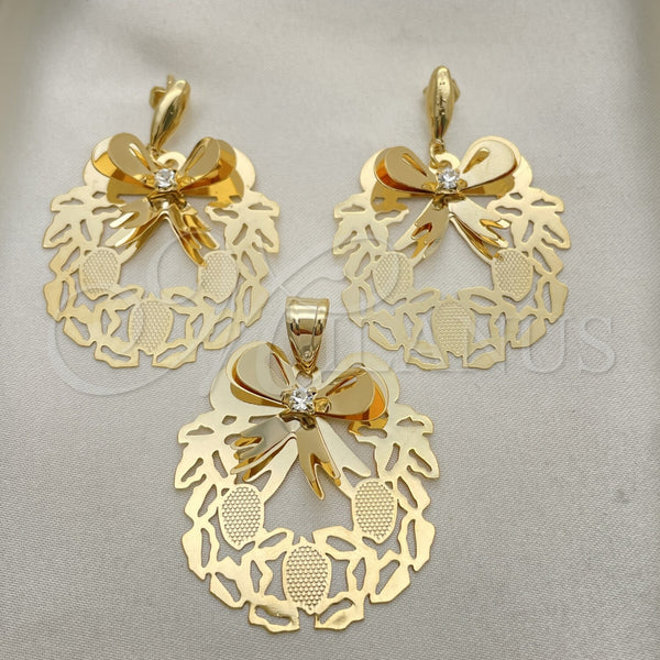 Oro Laminado Earring and Pendant Adult Set, Gold Filled Style with White Cubic Zirconia, Polished, Golden Finish, 5.047.002