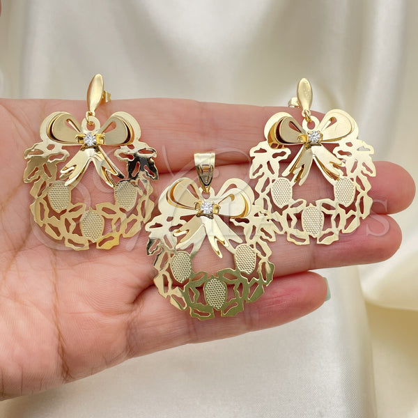 Oro Laminado Earring and Pendant Adult Set, Gold Filled Style with White Cubic Zirconia, Polished, Golden Finish, 5.047.002