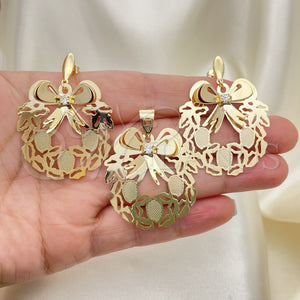 Oro Laminado Earring and Pendant Adult Set, Gold Filled Style with White Cubic Zirconia, Polished, Golden Finish, 5.047.002