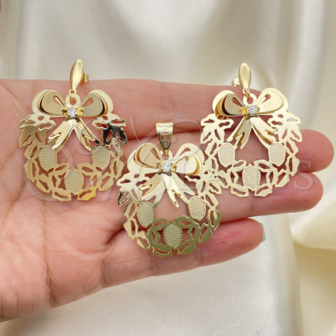 Oro Laminado Earring and Pendant Adult Set, Gold Filled Style with White Cubic Zirconia, Polished, Golden Finish, 5.047.002