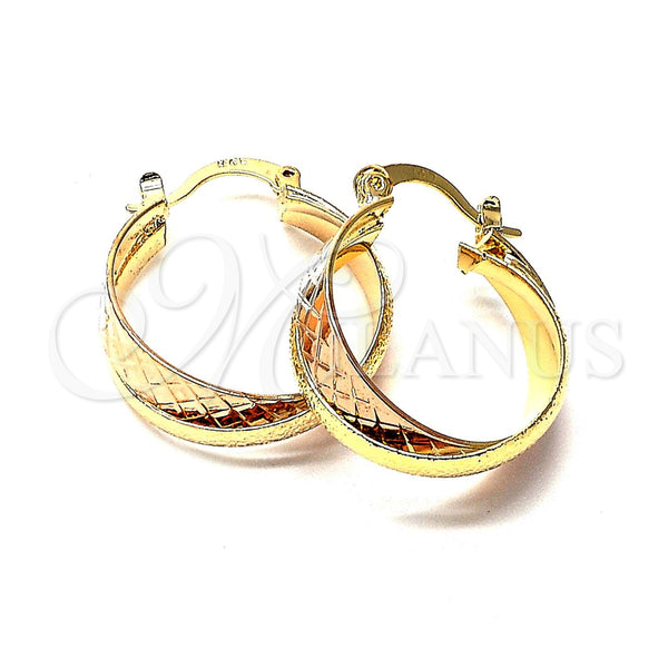 Oro Laminado Small Hoop, Gold Filled Style Twist Design, Diamond Cutting Finish, Tricolor, 5.142.004