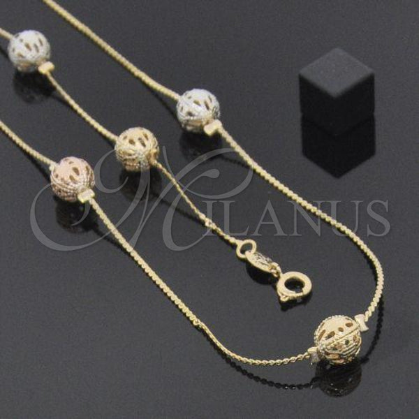 Oro Laminado Necklace and Bracelet, Gold Filled Style Ball Design, Polished, Tricolor, 5.010.001