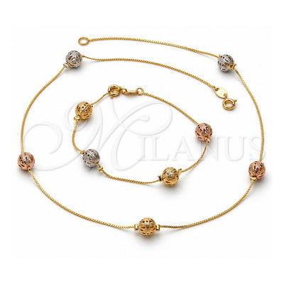 Oro Laminado Necklace and Bracelet, Gold Filled Style Ball Design, Polished, Tricolor, 5.010.001