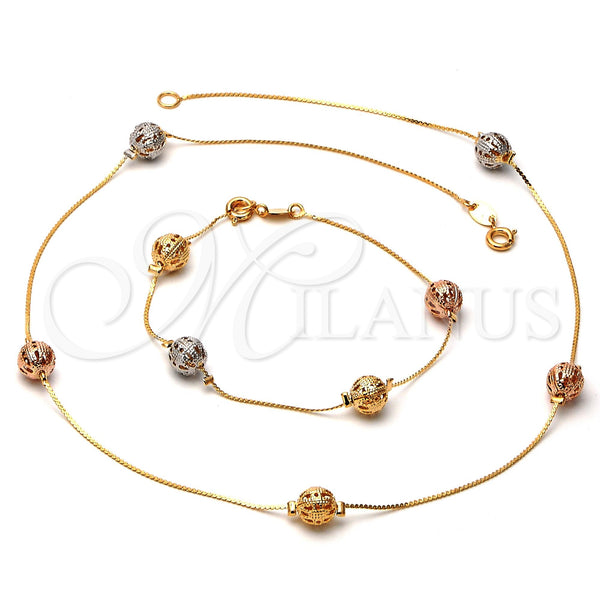 Oro Laminado Necklace and Bracelet, Gold Filled Style Ball Design, Polished, Tricolor, 5.010.001