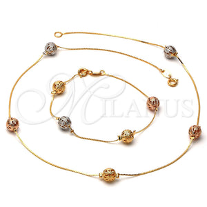 Oro Laminado Necklace and Bracelet, Gold Filled Style Ball Design, Polished, Tricolor, 5.010.001