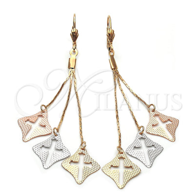Oro Laminado Long Earring, Gold Filled Style Cross Design, Diamond Cutting Finish, Tricolor, 5.106.007 for wholesale, main product view