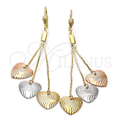 Oro Laminado Long Earring, Gold Filled Style Heart Design, Diamond Cutting Finish, Tricolor, 5.083.010 for wholesale, main product view