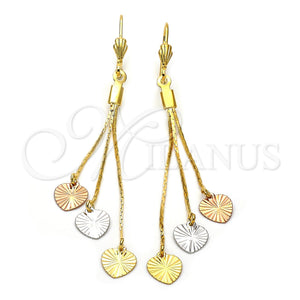 Oro Laminado Long Earring, Gold Filled Style Heart Design, Diamond Cutting Finish, Tricolor, 5.089.006
