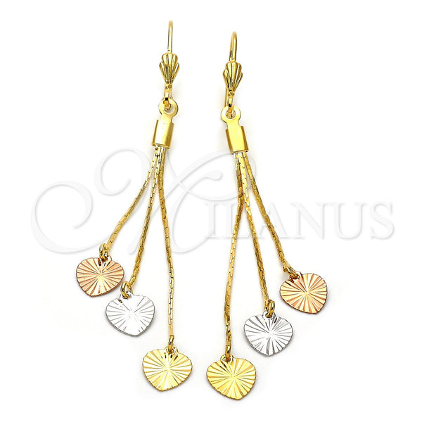 Oro Laminado Long Earring, Gold Filled Style Heart Design, Diamond Cutting Finish, Tricolor, 5.089.006