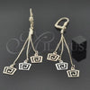 Oro Laminado Long Earring, Gold Filled Style Greek Key Design, Diamond Cutting Finish, Tricolor, 5.098.008