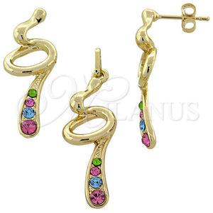 Oro Laminado Earring and Pendant Adult Set, Gold Filled Style with White Crystal, Polished, Golden Finish, 5.052.015