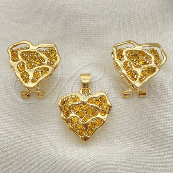 Oro Laminado Earring and Pendant Adult Set, Gold Filled Style with White Crystal, Polished, Golden Finish, 5.047.003