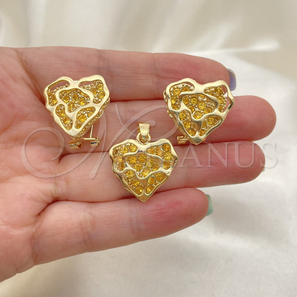 Oro Laminado Earring and Pendant Adult Set, Gold Filled Style with White Crystal, Polished, Golden Finish, 5.047.003