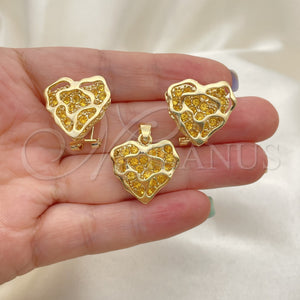 Oro Laminado Earring and Pendant Adult Set, Gold Filled Style with White Crystal, Polished, Golden Finish, 5.047.003