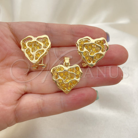 Oro Laminado Earring and Pendant Adult Set, Gold Filled Style with White Crystal, Polished, Golden Finish, 5.047.003