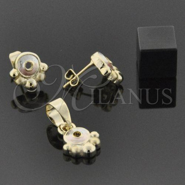 Oro Laminado Earring and Pendant Adult Set, Gold Filled Style Flower Design, Polished, Tricolor, 5.042.007