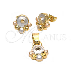 Oro Laminado Earring and Pendant Adult Set, Gold Filled Style Flower Design, Polished, Tricolor, 5.042.007