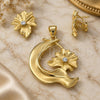 Oro Laminado Earring and Pendant Adult Set, Gold Filled Style Flower Design, with White Crystal, Matte Finish, Golden Finish, 5.040.006