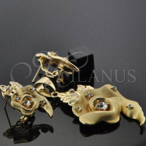 Oro Laminado Earring and Pendant Adult Set, Gold Filled Style Flower Design, with White Crystal, Polished, Golden Finish, 5.051.006