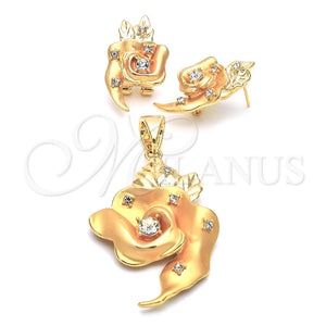 Oro Laminado Earring and Pendant Adult Set, Gold Filled Style Flower Design, with White Crystal, Polished, Golden Finish, 5.051.006