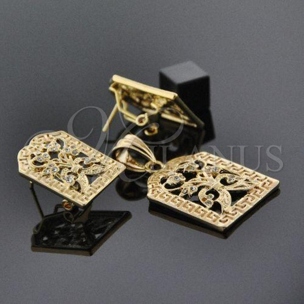Oro Laminado Earring and Pendant Adult Set, Gold Filled Style Flower Design, with White Crystal, Polished, Golden Finish, 5.046.010