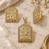 Oro Laminado Earring and Pendant Adult Set, Gold Filled Style Flower Design, with White Crystal, Polished, Golden Finish, 5.046.010