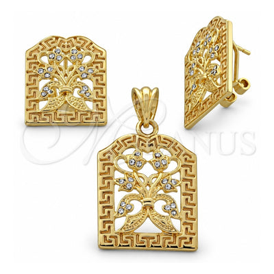 Oro Laminado Earring and Pendant Adult Set, Gold Filled Style Flower Design, with White Crystal, Polished, Golden Finish, 5.046.010