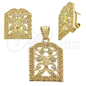 Oro Laminado Earring and Pendant Adult Set, Gold Filled Style Flower Design, with White Crystal, Polished, Golden Finish, 5.046.010